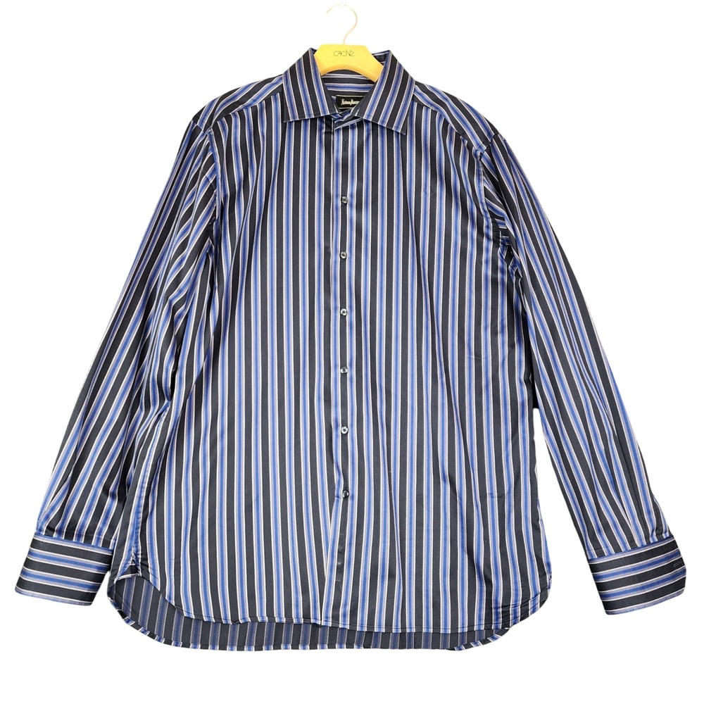 Neiman Marcus Mens Large Blue Striped Long Sleeve Button Down Cotton Shirt L